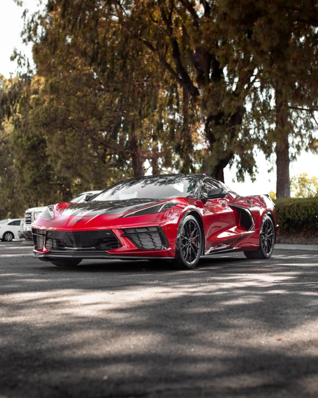 Red with black accents really makes a vehicle like this pop. We did a gloss vinyl wrap on the hood and mirror caps which were then filmed over with Xpel Ultimate Plus including the rest of the vehicle. #xpel #xpelultimateplus #ppf #corvette #c8 #c8corvette #paintprotection #film #americanwrapco